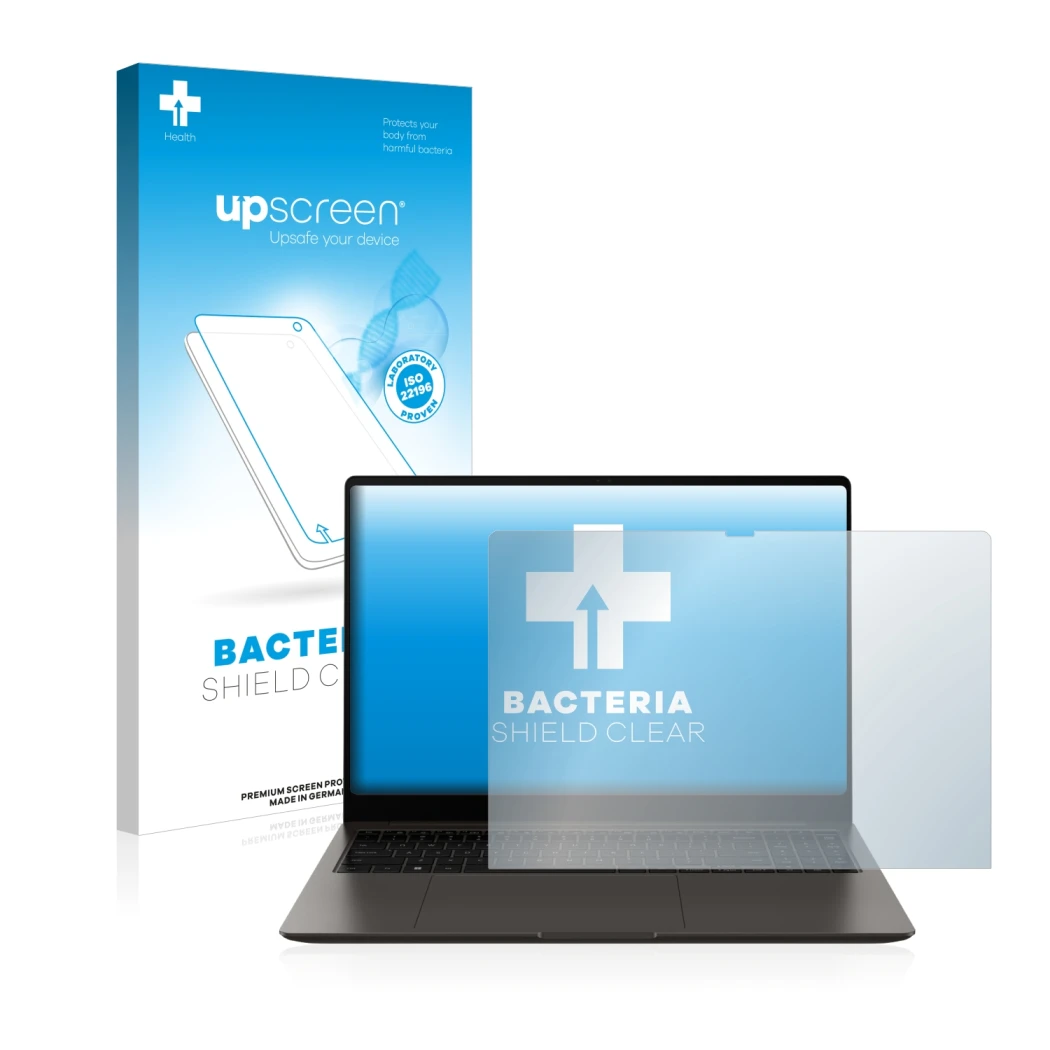 Parte frontal de un envase de producto con el logotipo de la marca upscreen. Al lado se muestra el dispositivo Samsung Galaxy 