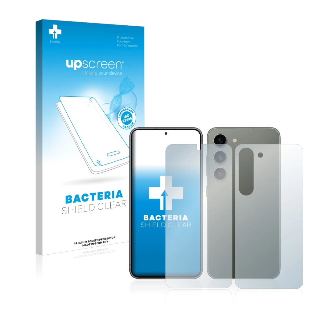Parte frontal de un envase de producto con el logotipo de la marca upscreen. Al lado se muestra el dispositivo Samsung Galaxy