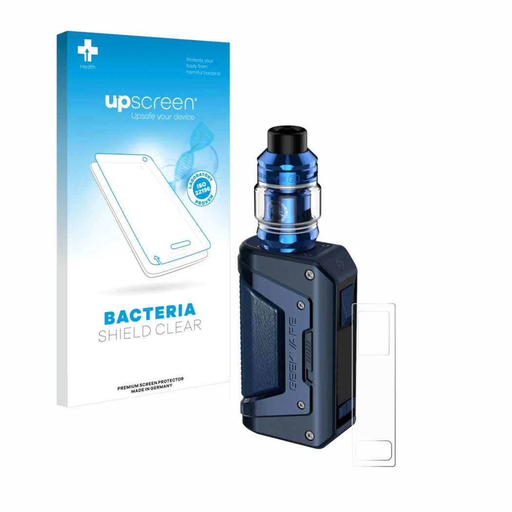 Parte frontal de un envase de producto con el logotipo de la marca upscreen. Al lado se muestra el dispositivo GeekVape Aegis 