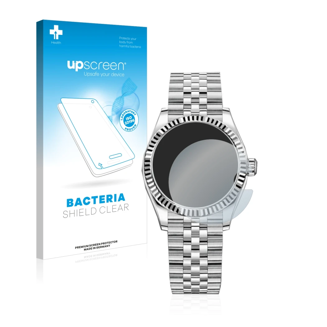 Parte frontal de un envase de producto con el logotipo de la marca upscreen. Al lado se muestra el dispositivo Rolex Datejust