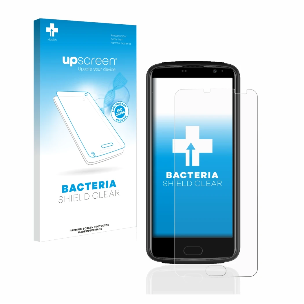 Parte frontal de un envase de producto con el logotipo de la marca upscreen. Al lado se muestra el dispositivo Beafon M7 premi