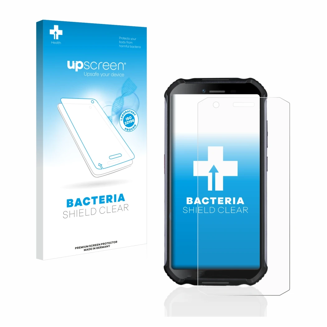Parte frontal de un envase de producto con el logotipo de la marca upscreen. Al lado se muestra el dispositivo Doogee S41 con