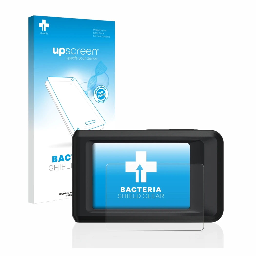 Parte frontal de un envase de producto con el logotipo de la marca upscreen. Al lado se muestra el dispositivo Hikmicro Pocket