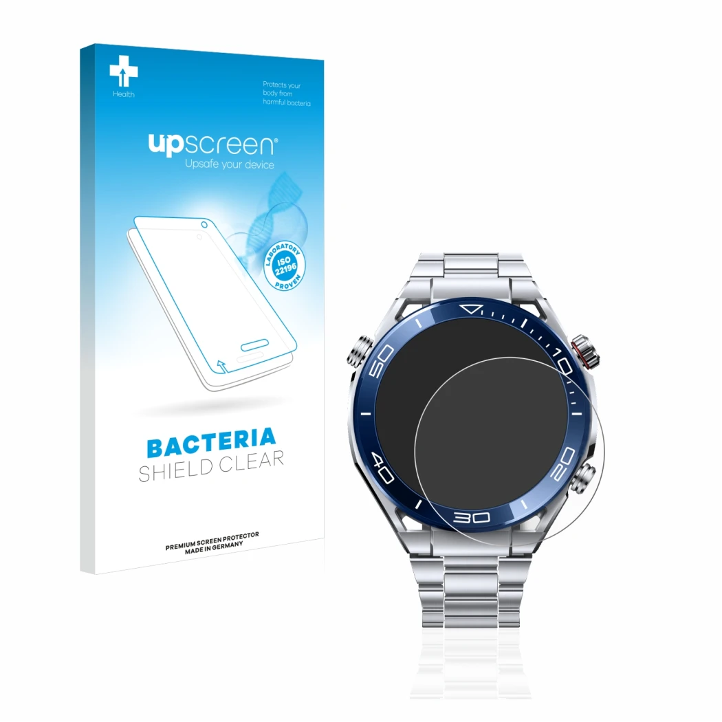 Parte frontal de un envase de producto con el logotipo de la marca upscreen. Al lado se muestra el dispositivo Huawei Watch Ul