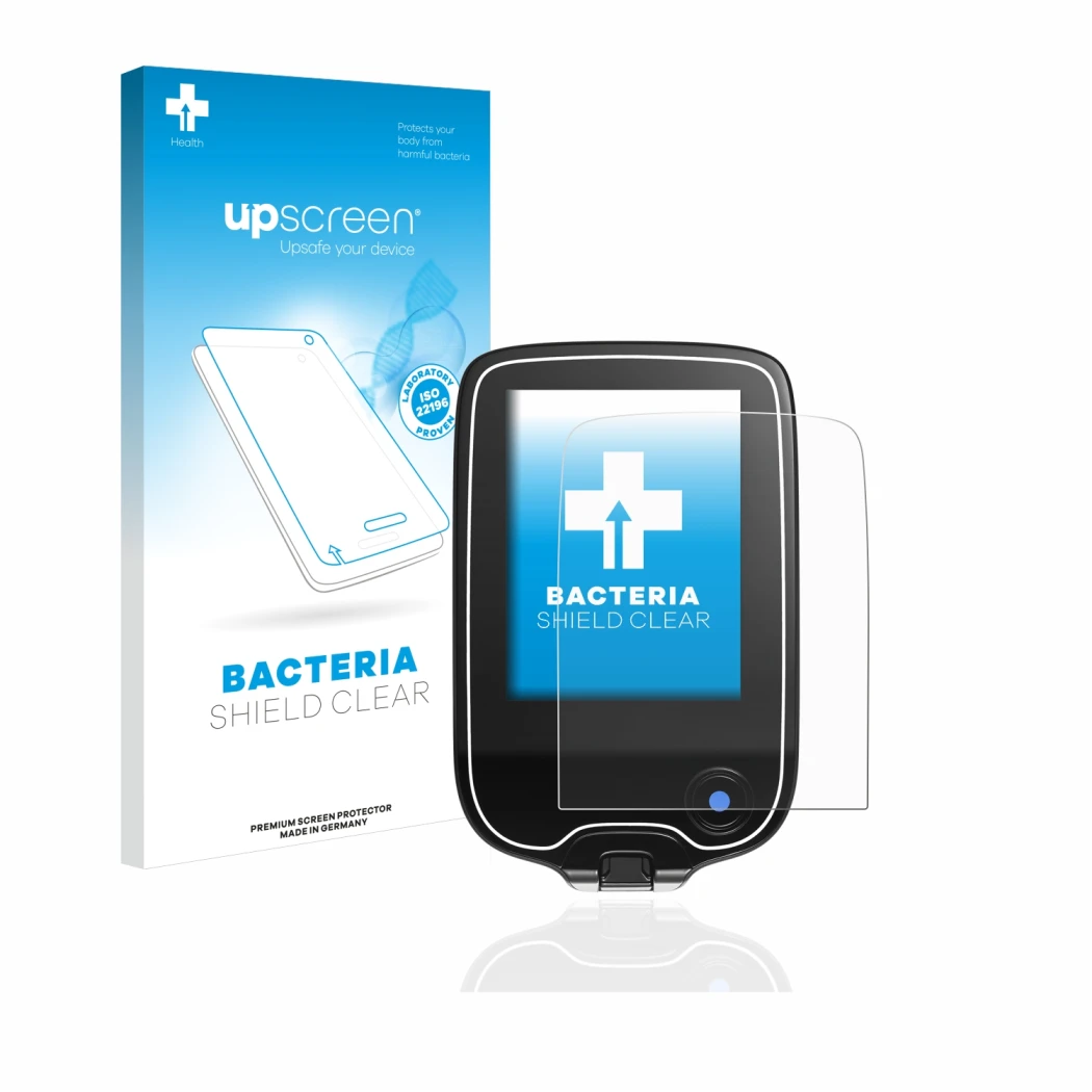 Parte frontal de un envase de producto con el logotipo de la marca upscreen. Al lado se muestra el dispositivo Freestyle Libre