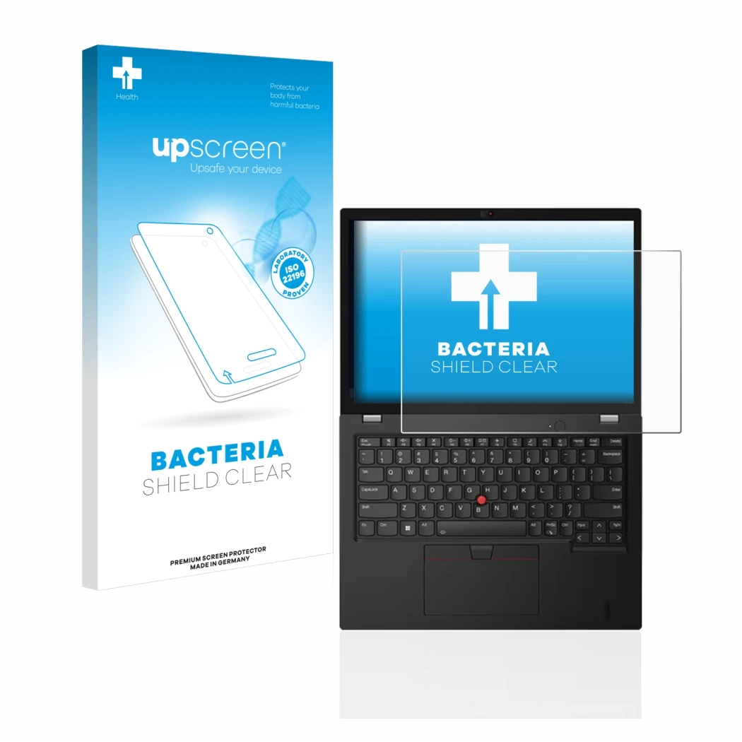 Parte frontal de un envase de producto con el logotipo de la marca upscreen. Al lado se muestra el dispositivo Lenovo Thinkpad