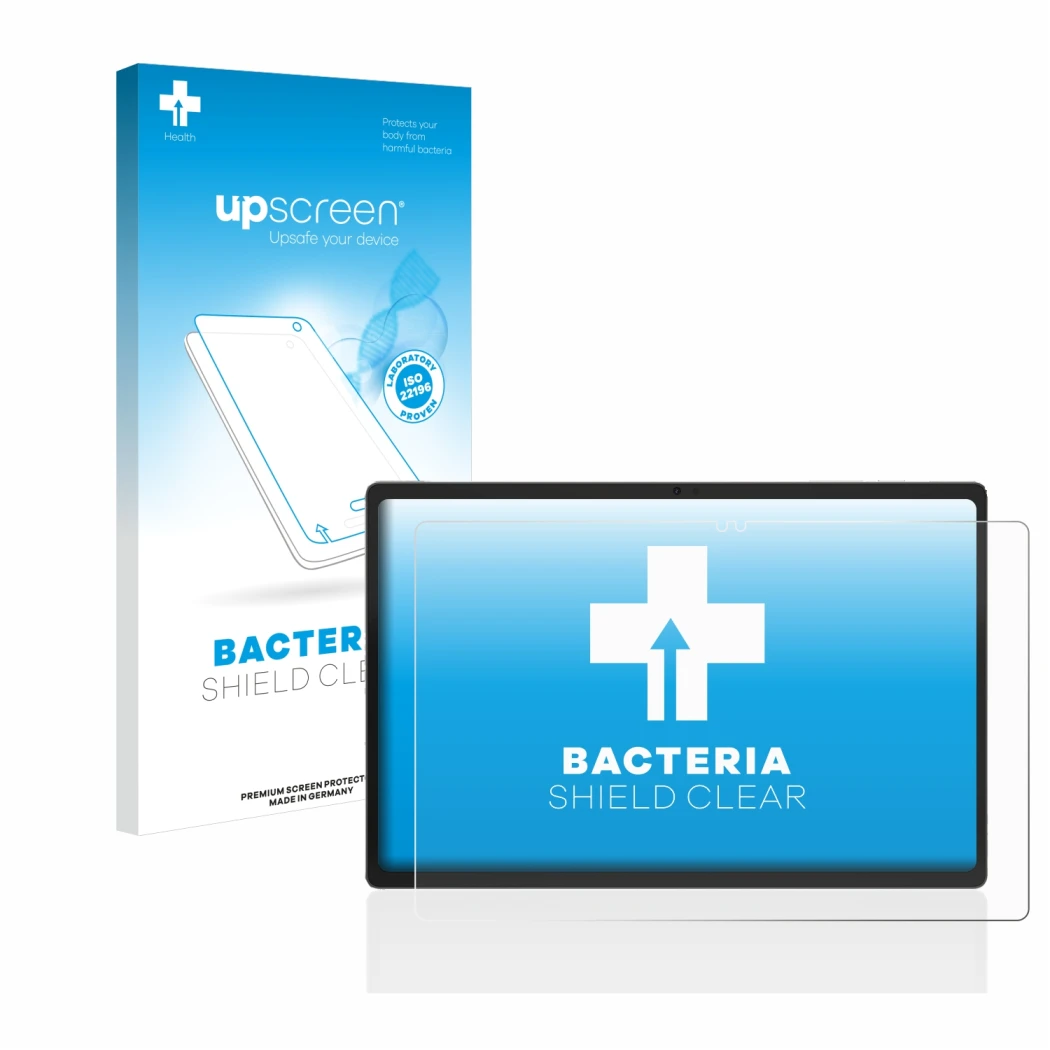 Parte frontal de un envase de producto con el logotipo de la marca upscreen. Al lado se muestra el dispositivo Jumper EZpad M1