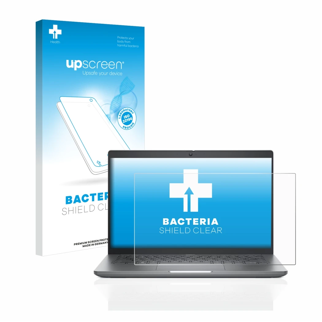 Parte frontal de un envase de producto con el logotipo de la marca upscreen. Al lado se muestra el dispositivo Dell Latitude 5