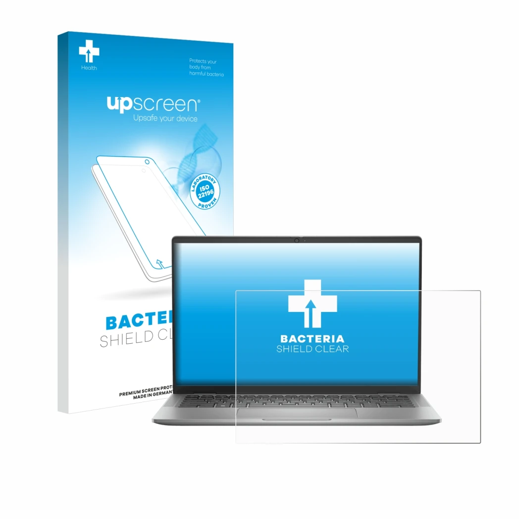 Parte frontal de un envase de producto con el logotipo de la marca upscreen. Al lado se muestra el dispositivo Dell Latitude 7
