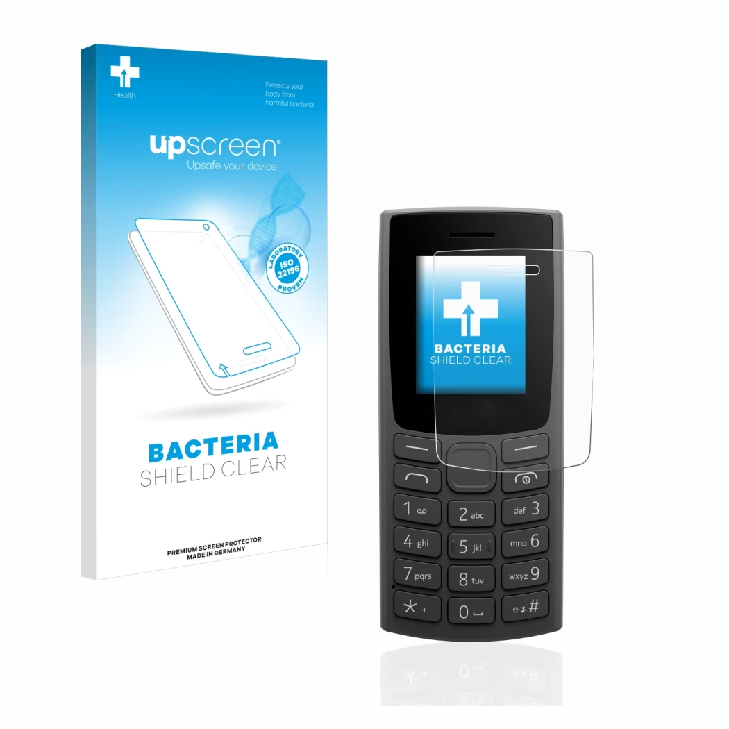 Parte frontal de un envase de producto con el logotipo de la marca upscreen. Al lado se muestra el dispositivo Nokia 110 (2023