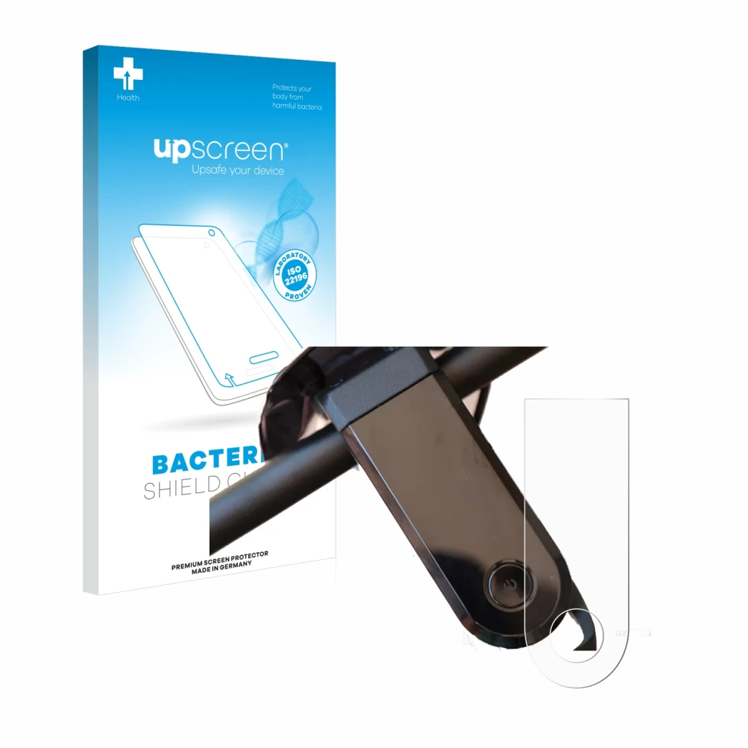 Parte frontal de un envase de producto con el logotipo de la marca upscreen. Al lado se muestra el dispositivo NIU KQi3 Max co