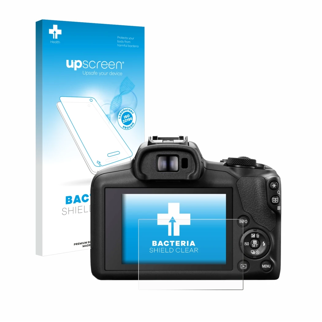 Parte frontal de un envase de producto con el logotipo de la marca upscreen. Al lado se muestra el dispositivo Canon EOS R100