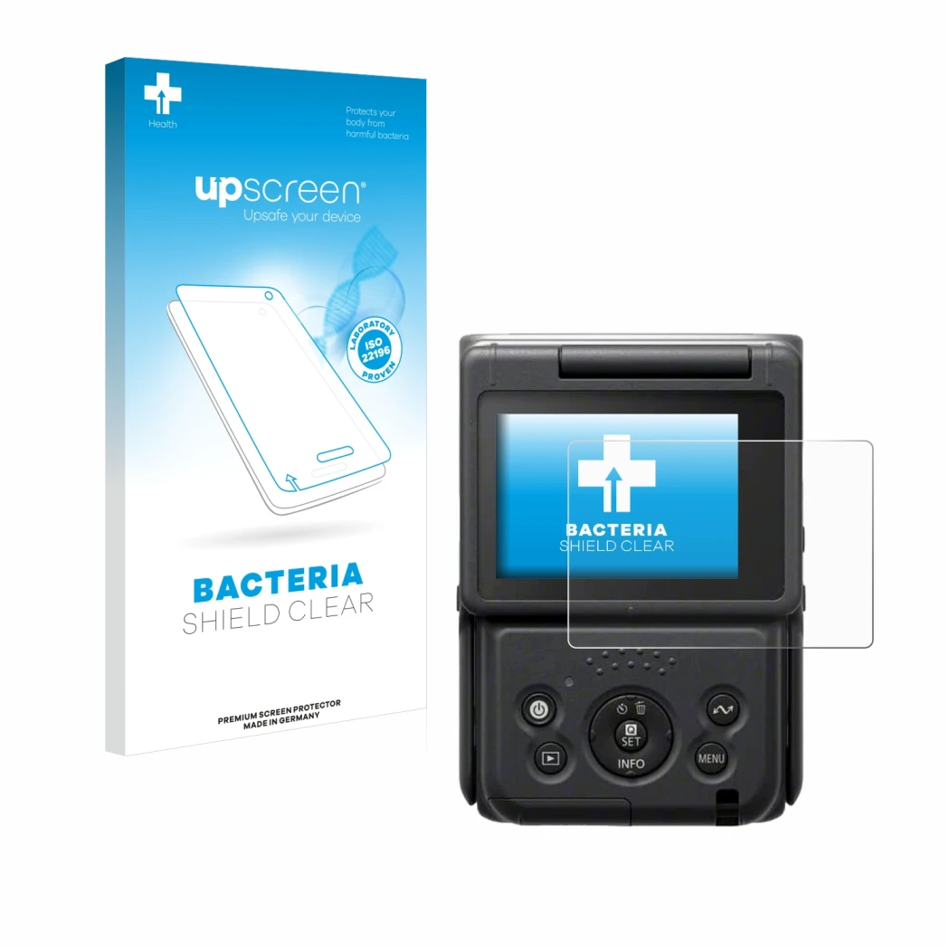 Parte frontal de un envase de producto con el logotipo de la marca upscreen. Al lado se muestra el dispositivo Canon PowerShot