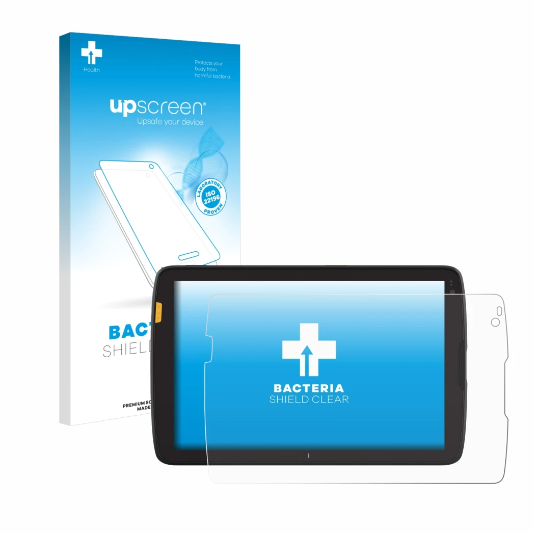 Parte frontal de un envase de producto con el logotipo de la marca upscreen. Al lado se muestra el dispositivo Zebra ET40 8