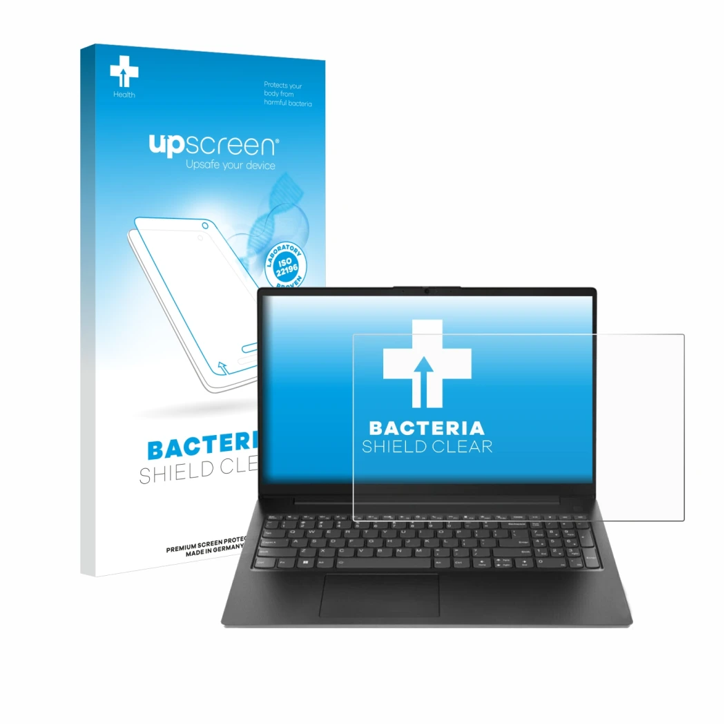 Parte frontal de un envase de producto con el logotipo de la marca upscreen. Al lado se muestra el dispositivo Lenovo V15 Gen 