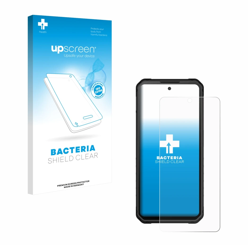 Parte frontal de un envase de producto con el logotipo de la marca upscreen. Al lado se muestra el dispositivo iiiF150 Raptor