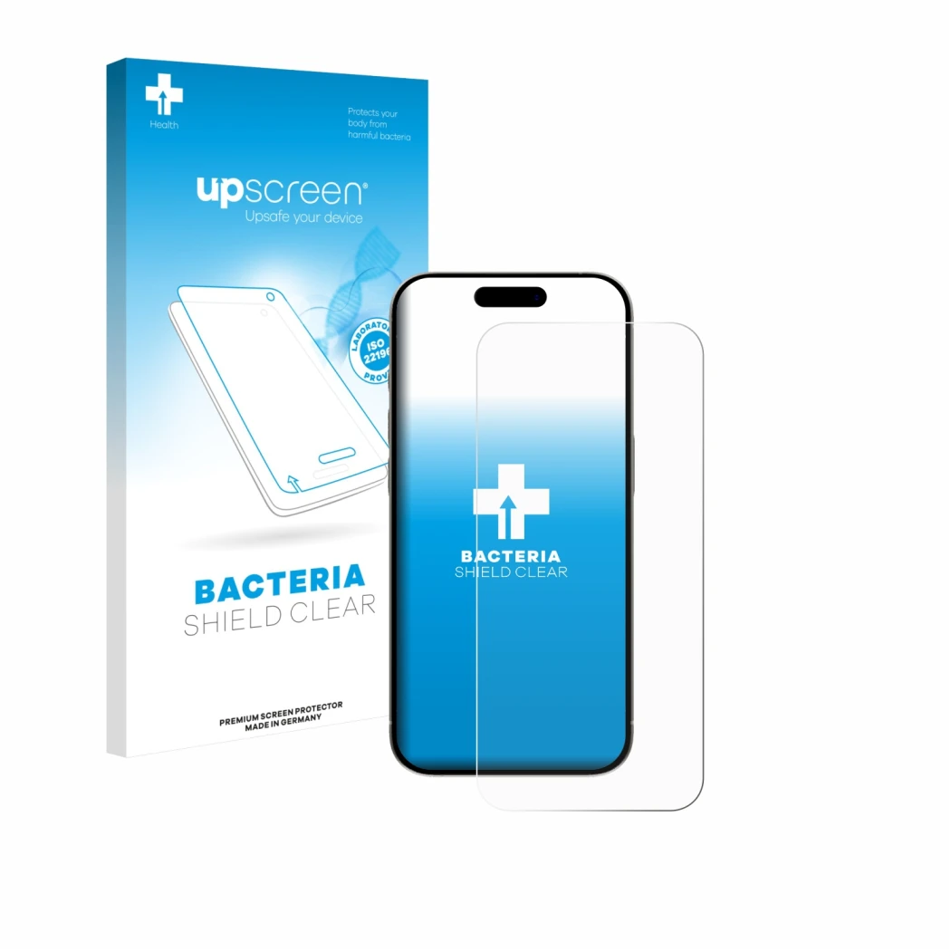 Parte frontal de un envase de producto con el logotipo de la marca upscreen. Al lado se muestra el dispositivo Apple iPhone 15