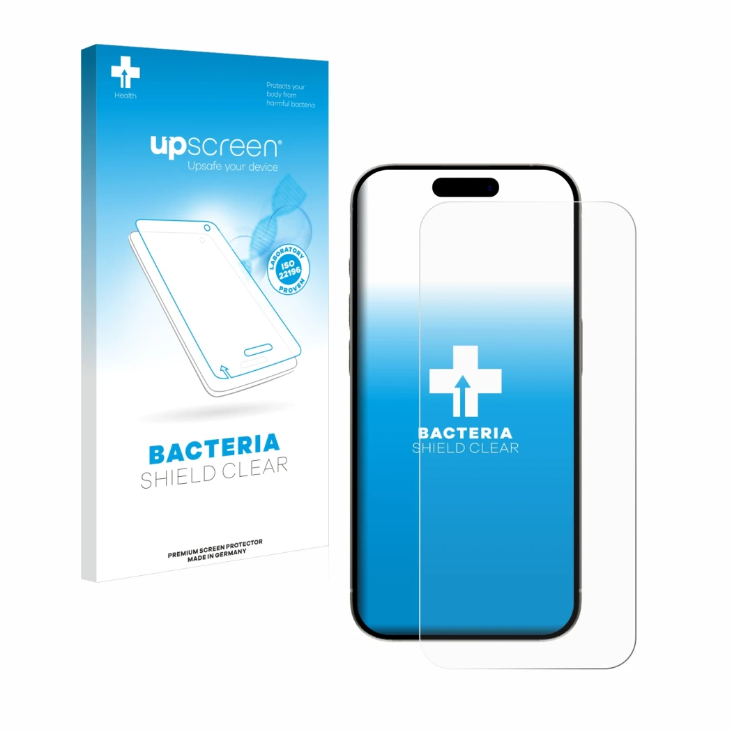 Parte frontal de un envase de producto con el logotipo de la marca upscreen. Al lado se muestra el dispositivo Apple iPhone 15