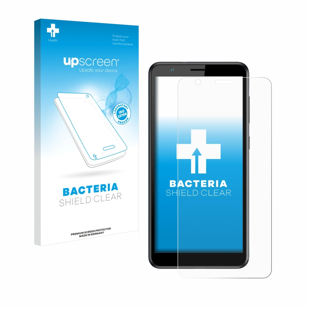 Parte frontal de un envase de producto con el logotipo de la marca upscreen. Al lado se muestra el dispositivo ZTE Blade A31 c