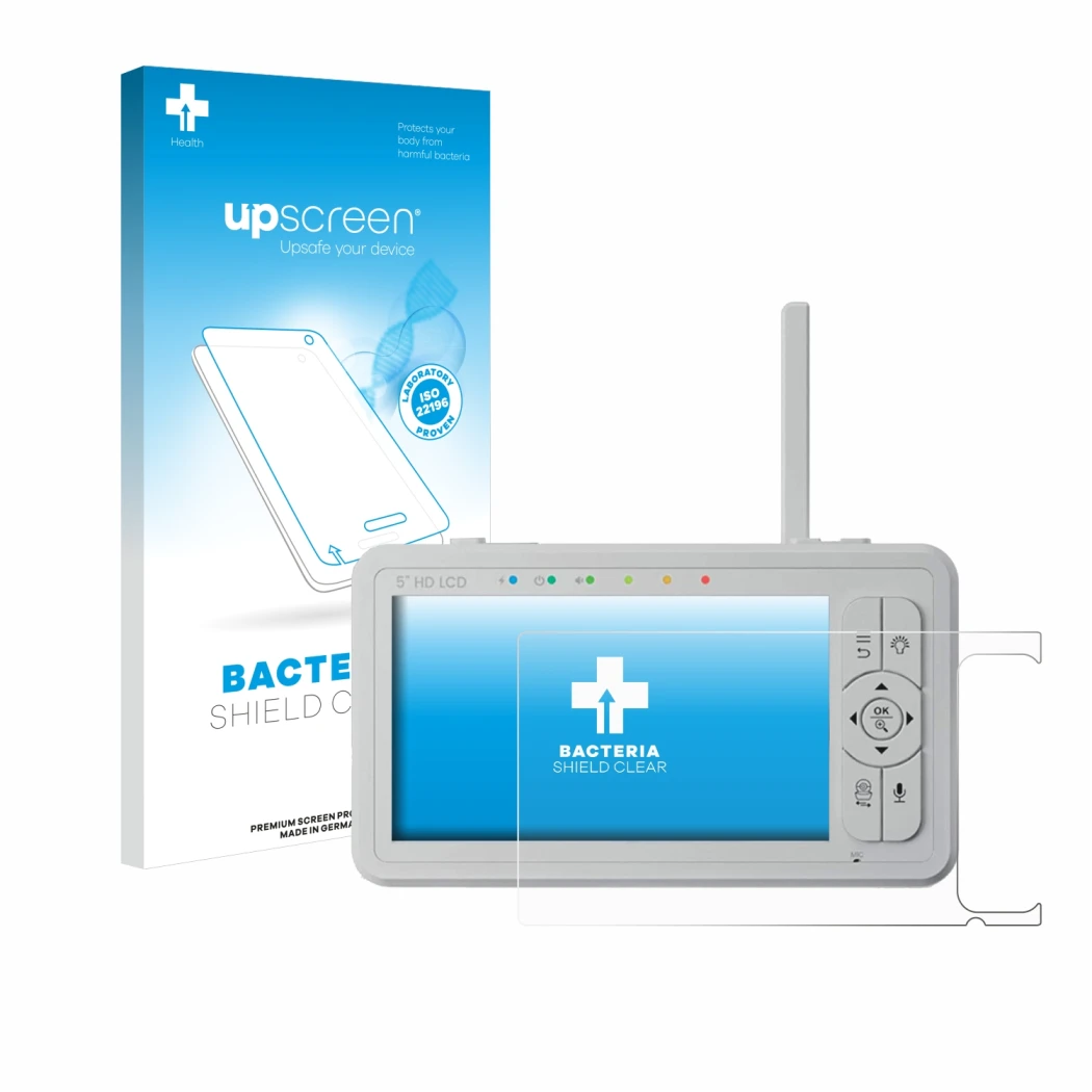 Parte frontal de un envase de producto con el logotipo de la marca upscreen. Al lado se muestra el dispositivo Babysense HD S2