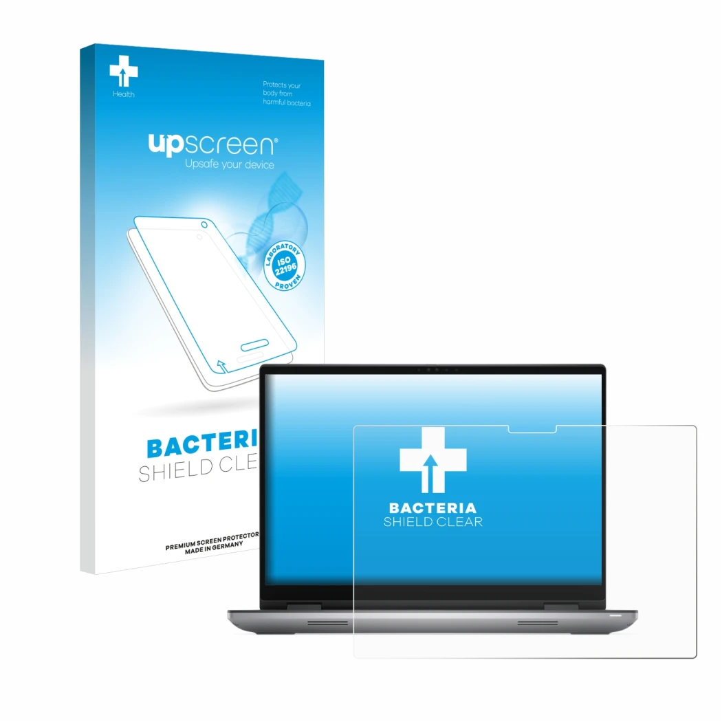 Parte frontal de un envase de producto con el logotipo de la marca upscreen. Al lado se muestra el dispositivo Dell Precision