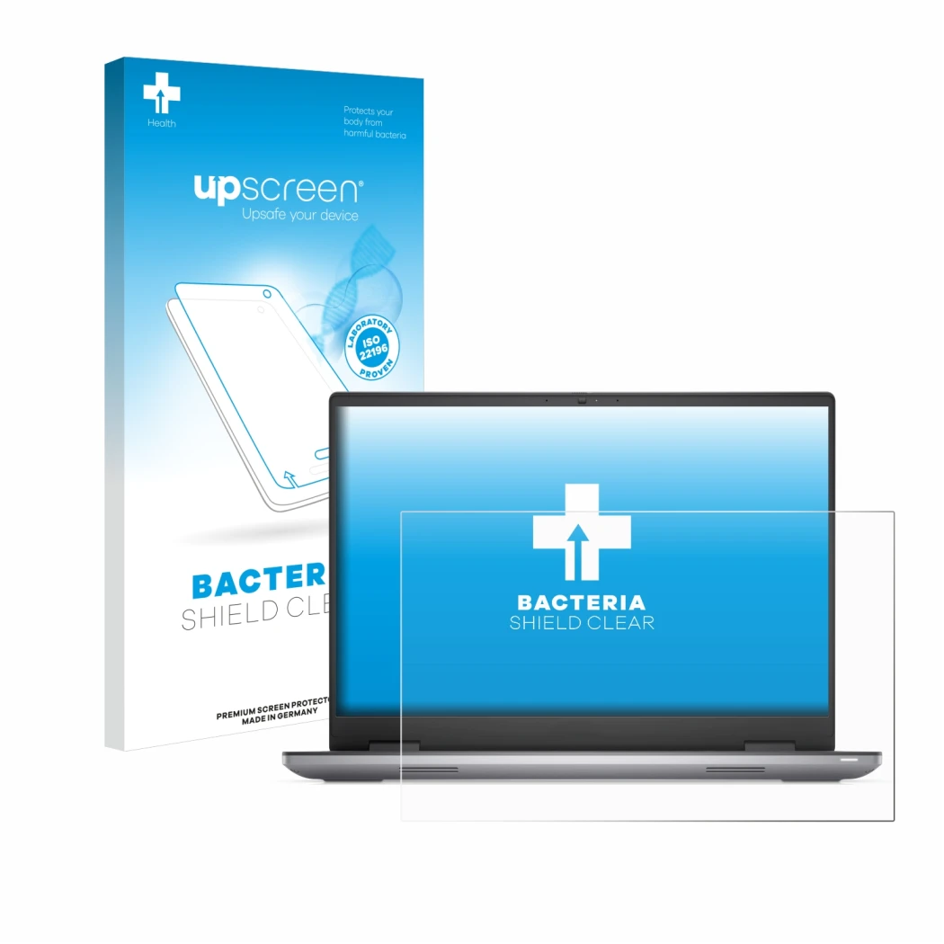 Parte frontal de un envase de producto con el logotipo de la marca upscreen. Al lado se muestra el dispositivo Dell Precision