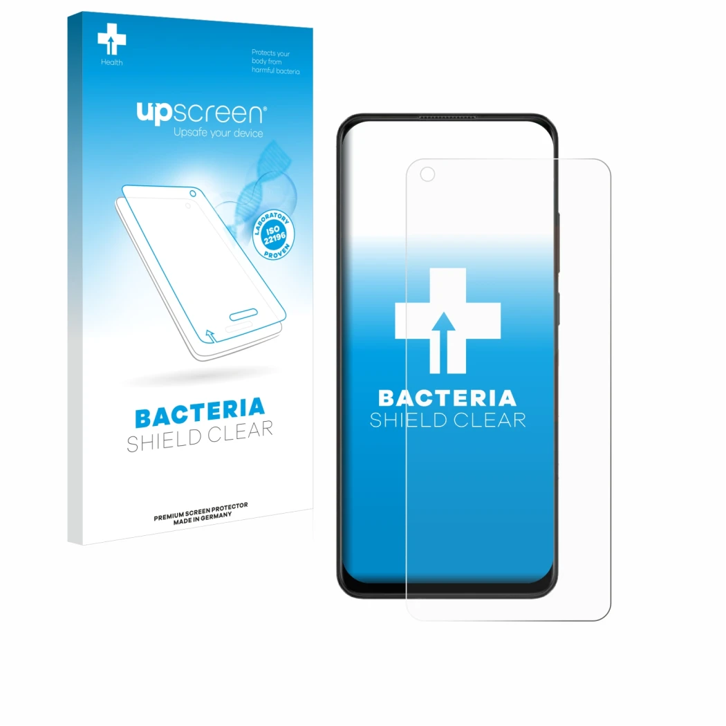 Parte frontal de un envase de producto con el logotipo de la marca upscreen. Al lado se muestra el dispositivo Oppo A78 4G con