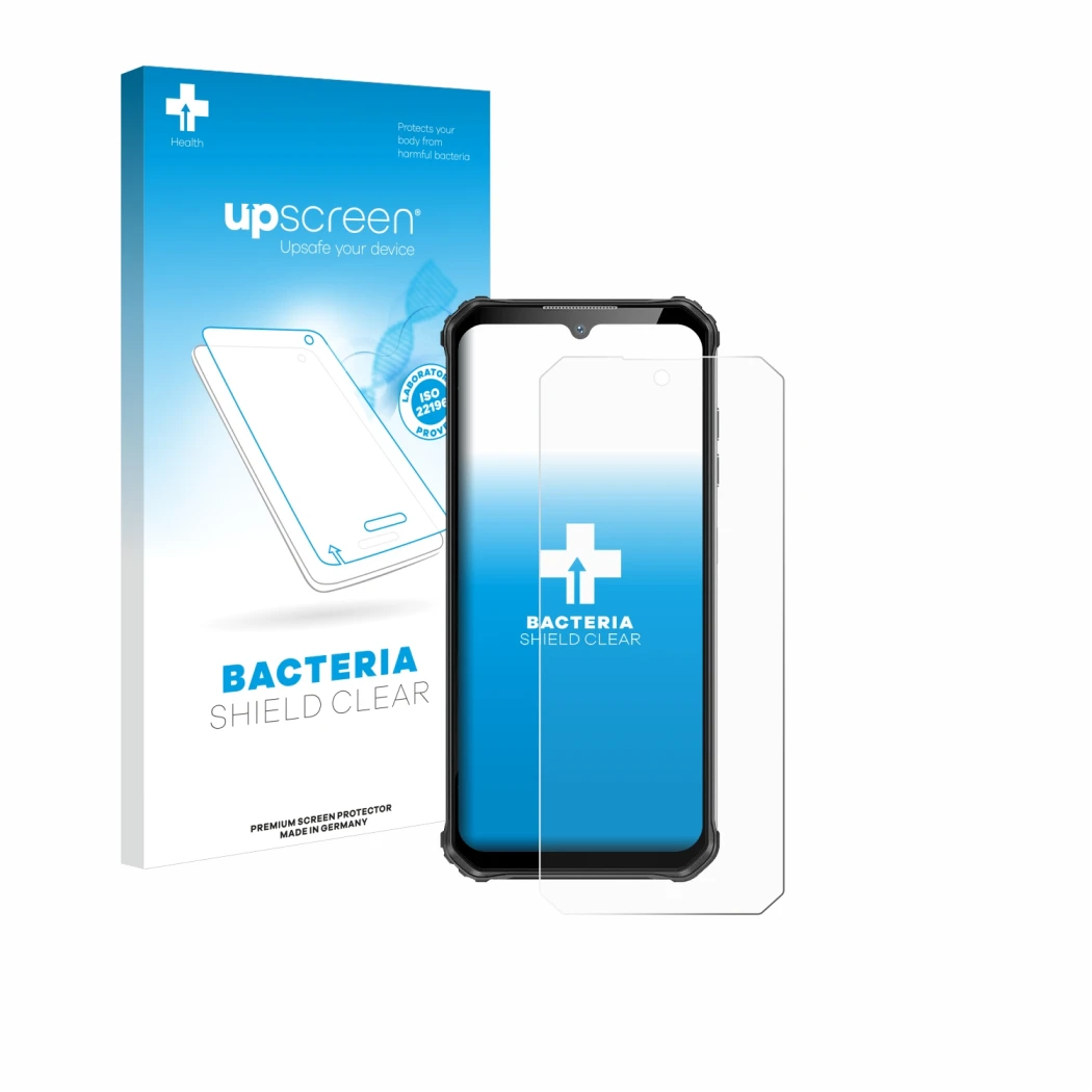 Parte frontal de un envase de producto con el logotipo de la marca upscreen. Al lado se muestra el dispositivo Oukitel WP22 co