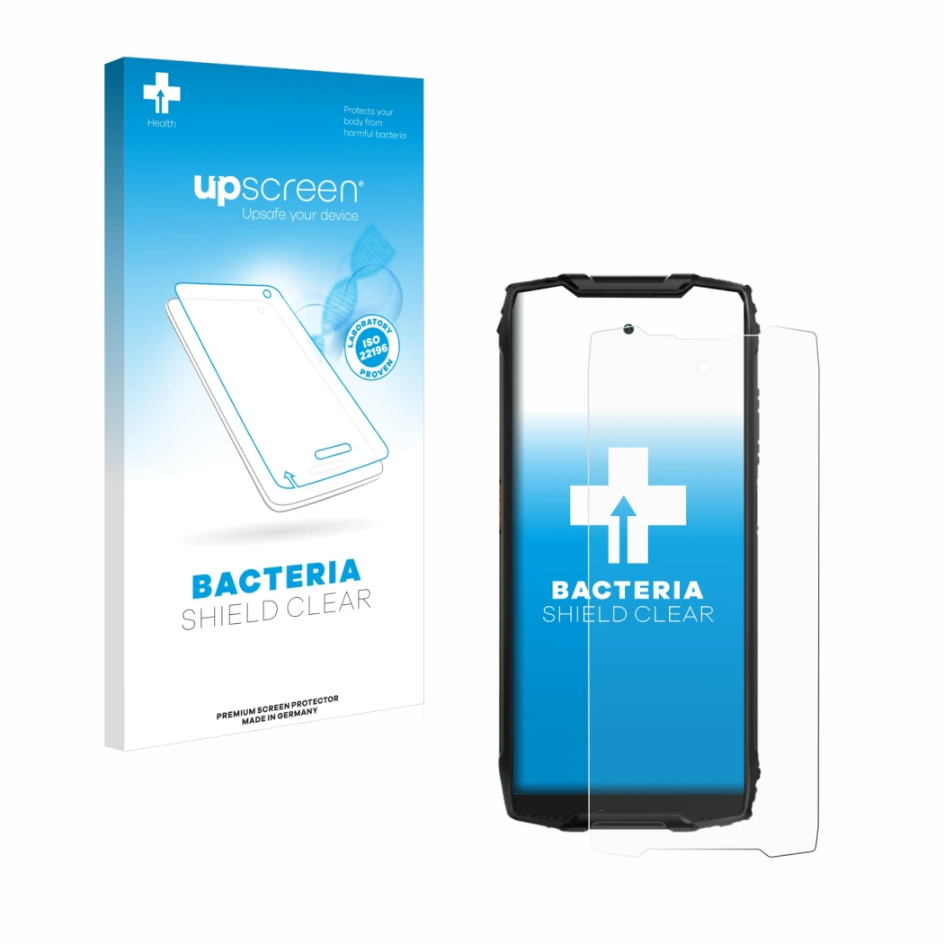 Parte frontal de un envase de producto con el logotipo de la marca upscreen. Al lado se muestra el dispositivo Blackview BV930