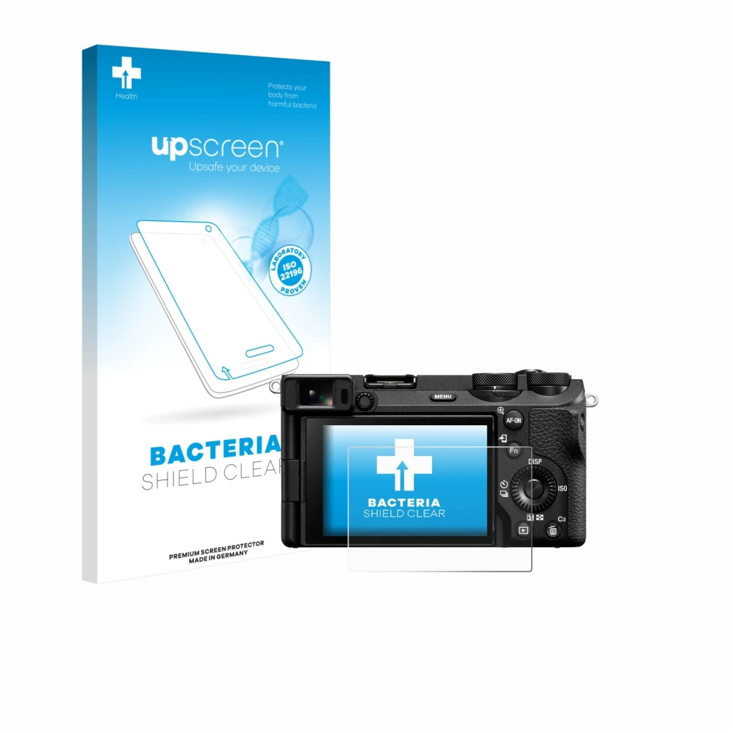 Parte frontal de un envase de producto con el logotipo de la marca upscreen. Al lado se muestra el dispositivo Sony Alpha 6700