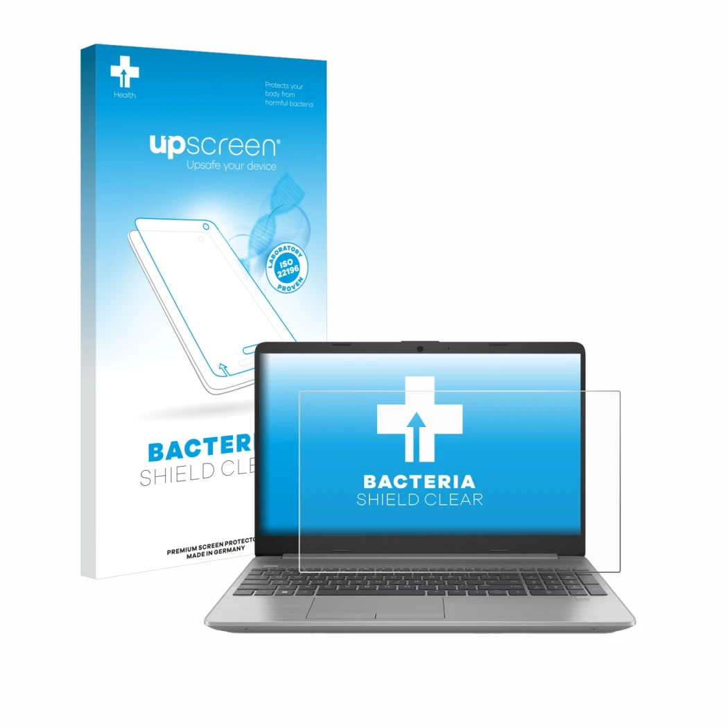 Parte frontal de un envase de producto con el logotipo de la marca upscreen. Al lado se muestra el dispositivo HP 250 G9 con s