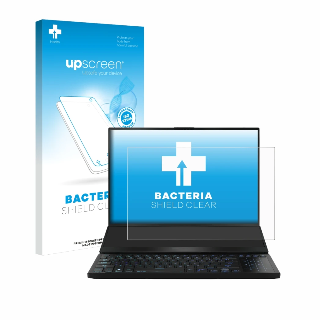 Parte frontal de un envase de producto con el logotipo de la marca upscreen. Al lado se muestra el dispositivo ASUS ROG Zephyr