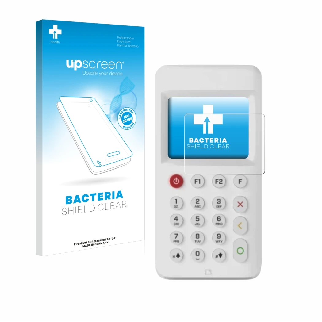 Parte frontal de un envase de producto con el logotipo de la marca upscreen. Al lado se muestra el dispositivo myPOS Go 2 con