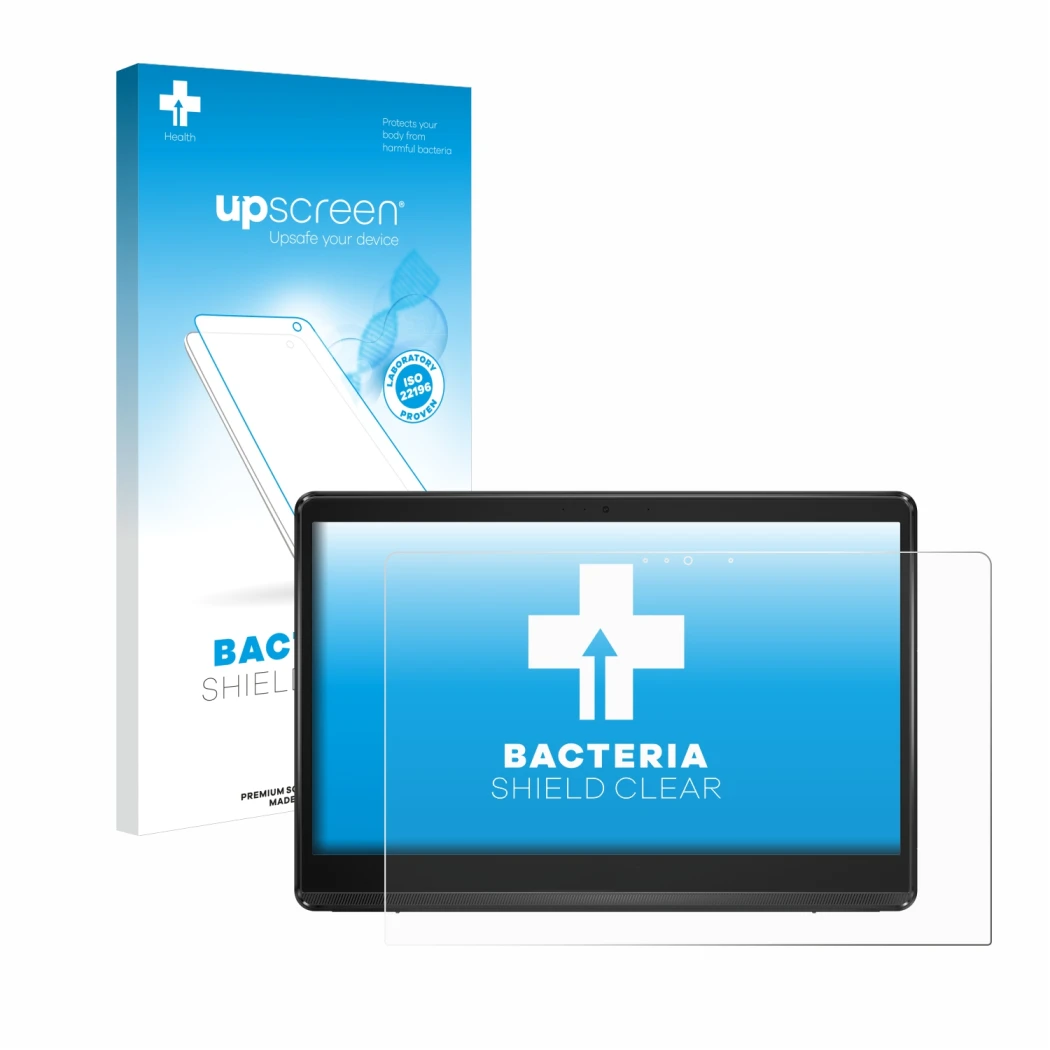 Parte frontal de un envase de producto con el logotipo de la marca upscreen. Al lado se muestra el dispositivo ASUS ExpertCent