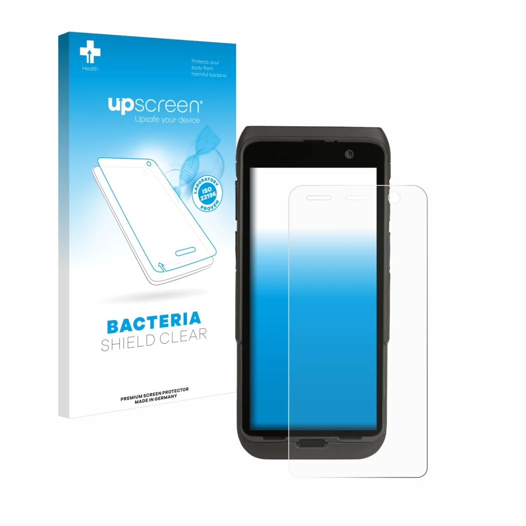 Parte frontal de un envase de producto con el logotipo de la marca upscreen. Al lado se muestra el dispositivo Honeywell CT47