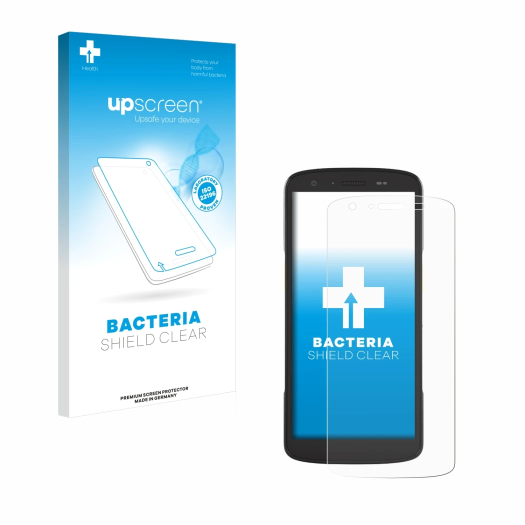 Parte frontal de un envase de producto con el logotipo de la marca upscreen. Al lado se muestra el dispositivo Zebra TC27 con