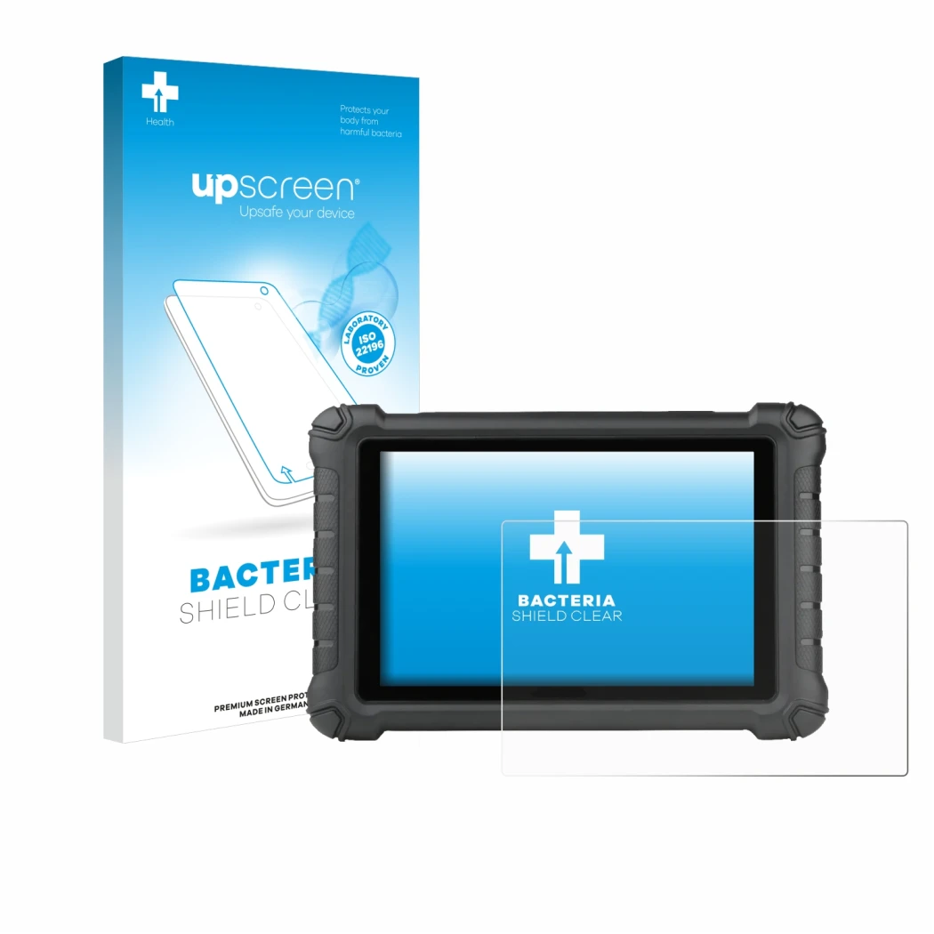 Parte frontal de un envase de producto con el logotipo de la marca upscreen. Al lado se muestra el dispositivo Autel MX900c co