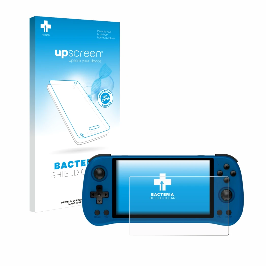 Parte frontal de un envase de producto con el logotipo de la marca upscreen. Al lado se muestra el dispositivo Powkiddy X55 co