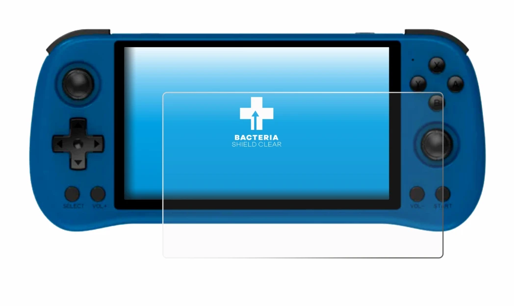 Imagen del dispositivo Powkiddy X55 con una amplia variedad de protectores de pantalla.