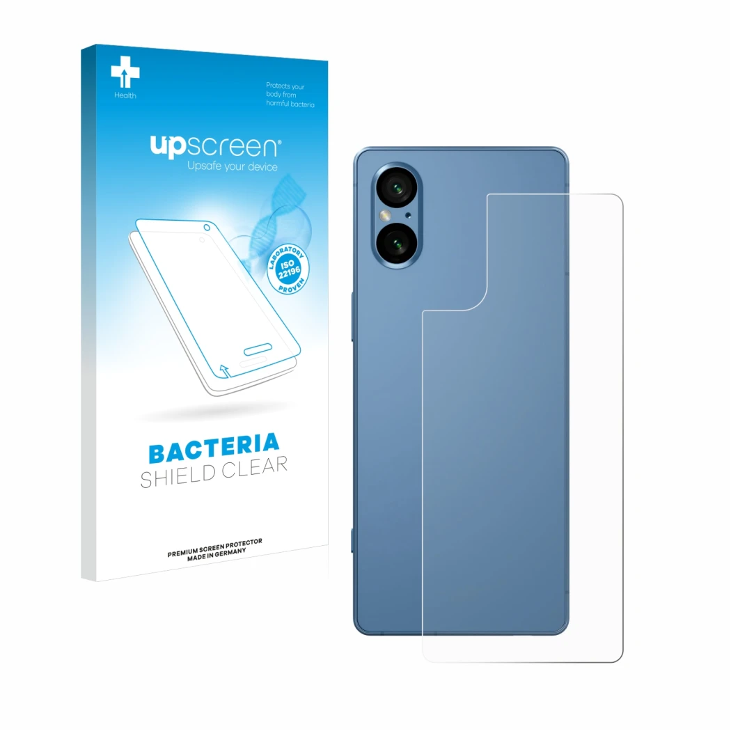 Parte frontal de un envase de producto con el logotipo de la marca upscreen. Al lado se muestra el dispositivo Sony Xperia 5 V