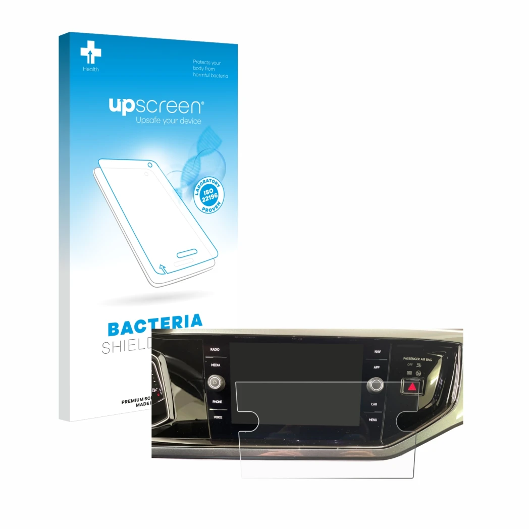 Parte frontal de un envase de producto con el logotipo de la marca upscreen. Al lado se muestra el dispositivo Volkswagen Polo