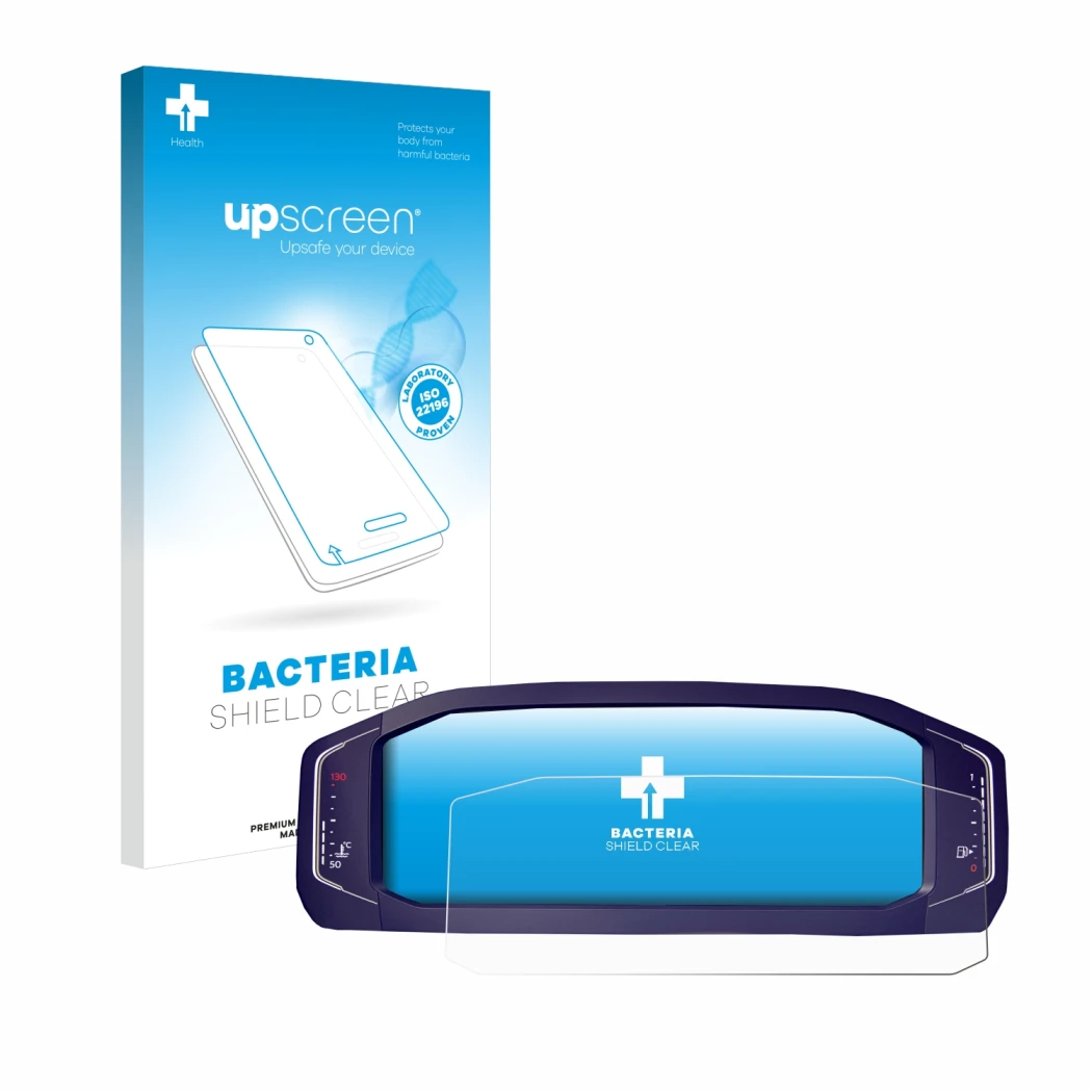 Parte frontal de un envase de producto con el logotipo de la marca upscreen. Al lado se muestra el dispositivo Volkswagen Pass