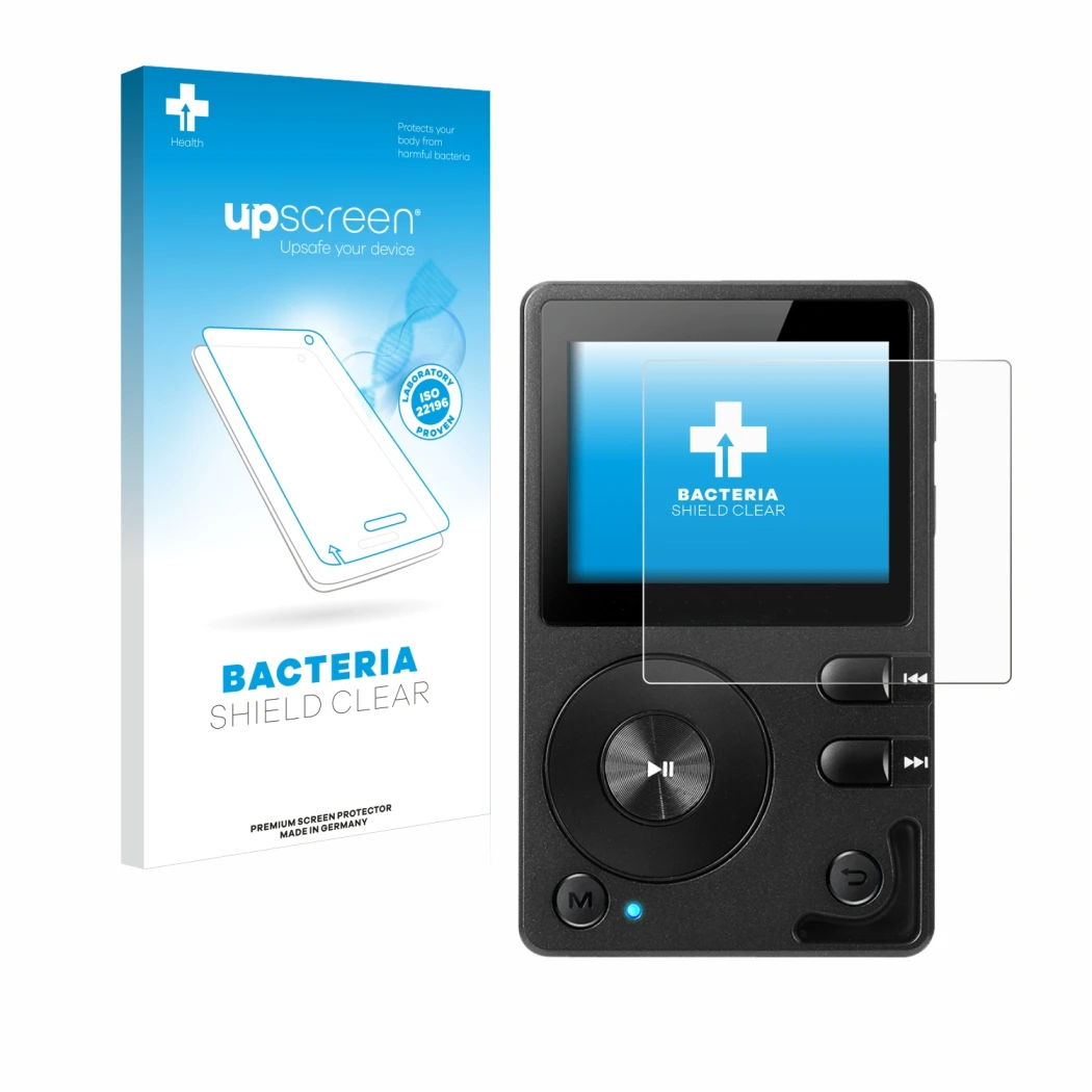 Parte frontal de un envase de producto con el logotipo de la marca upscreen. Al lado se muestra el dispositivo Hifi Walker H2