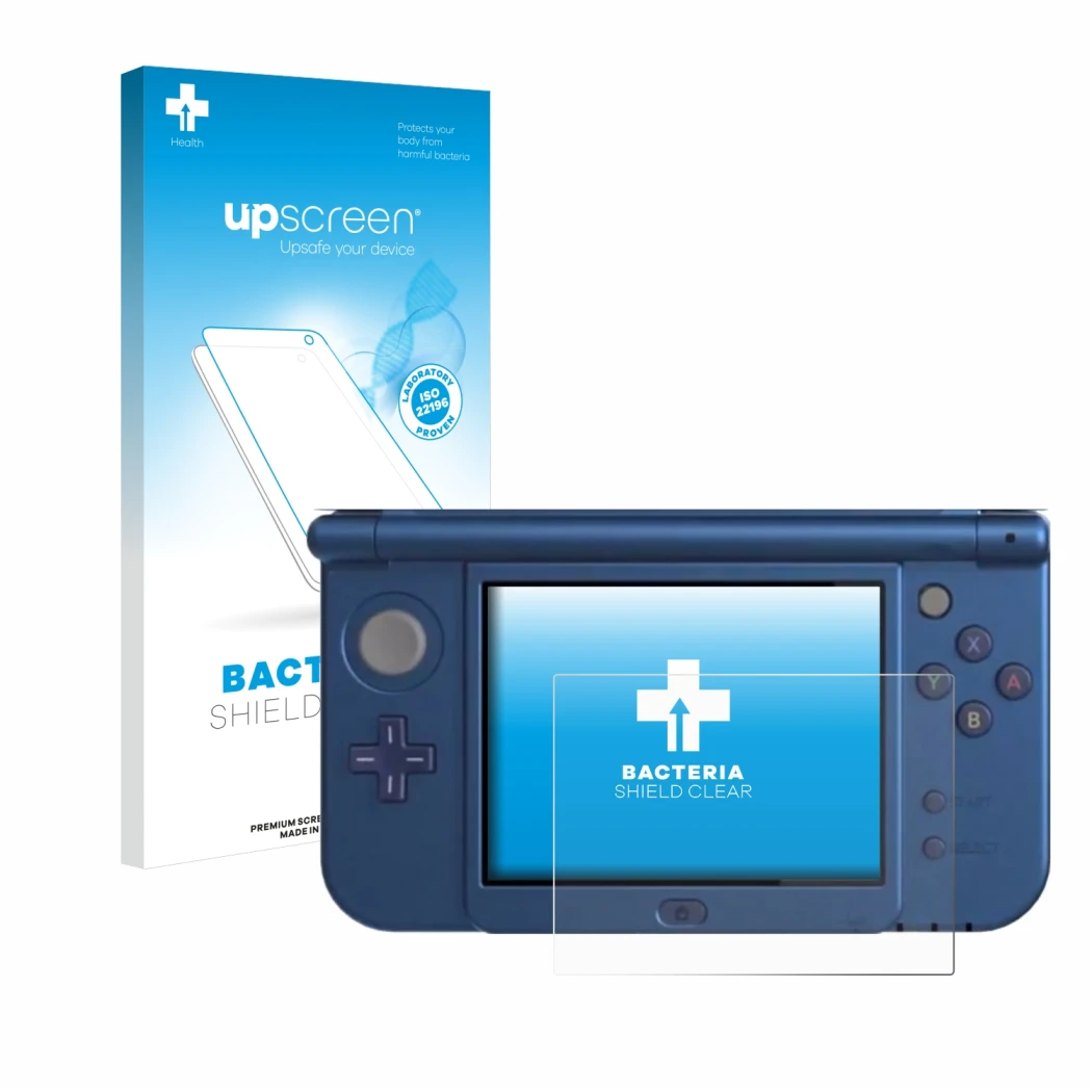 Parte frontal de un envase de producto con el logotipo de la marca upscreen. Al lado se muestra el dispositivo Nintendo New 3D