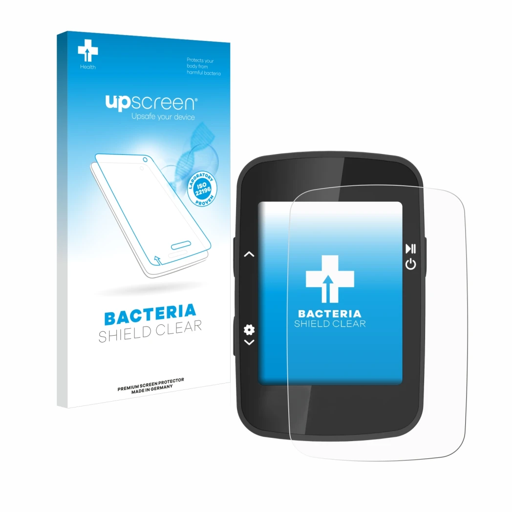 Parte frontal de un envase de producto con el logotipo de la marca upscreen. Al lado se muestra el dispositivo CooSpo BC26 con