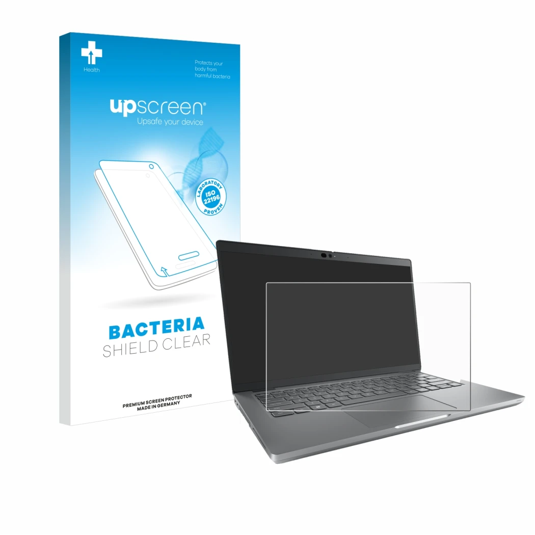 Parte frontal de un envase de producto con el logotipo de la marca upscreen. Al lado se muestra el dispositivo Dell Latitude 9