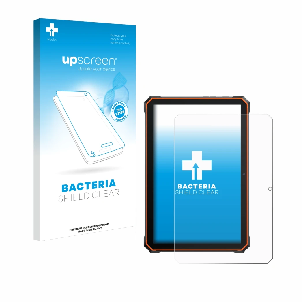 Parte frontal de un envase de producto con el logotipo de la marca upscreen. Al lado se muestra el dispositivo Blackview Activ