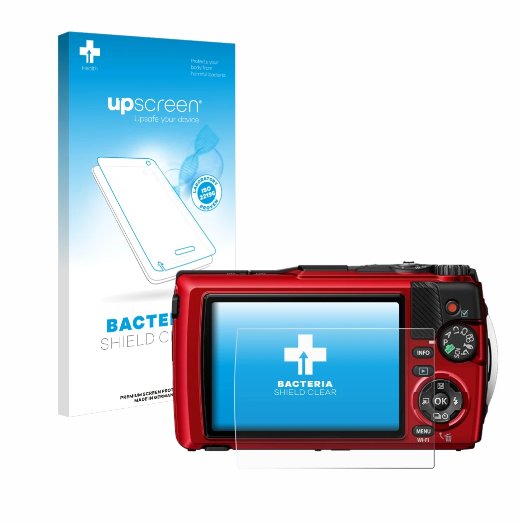 Parte frontal de un envase de producto con el logotipo de la marca upscreen. Al lado se muestra el dispositivo Olympus OM Syst