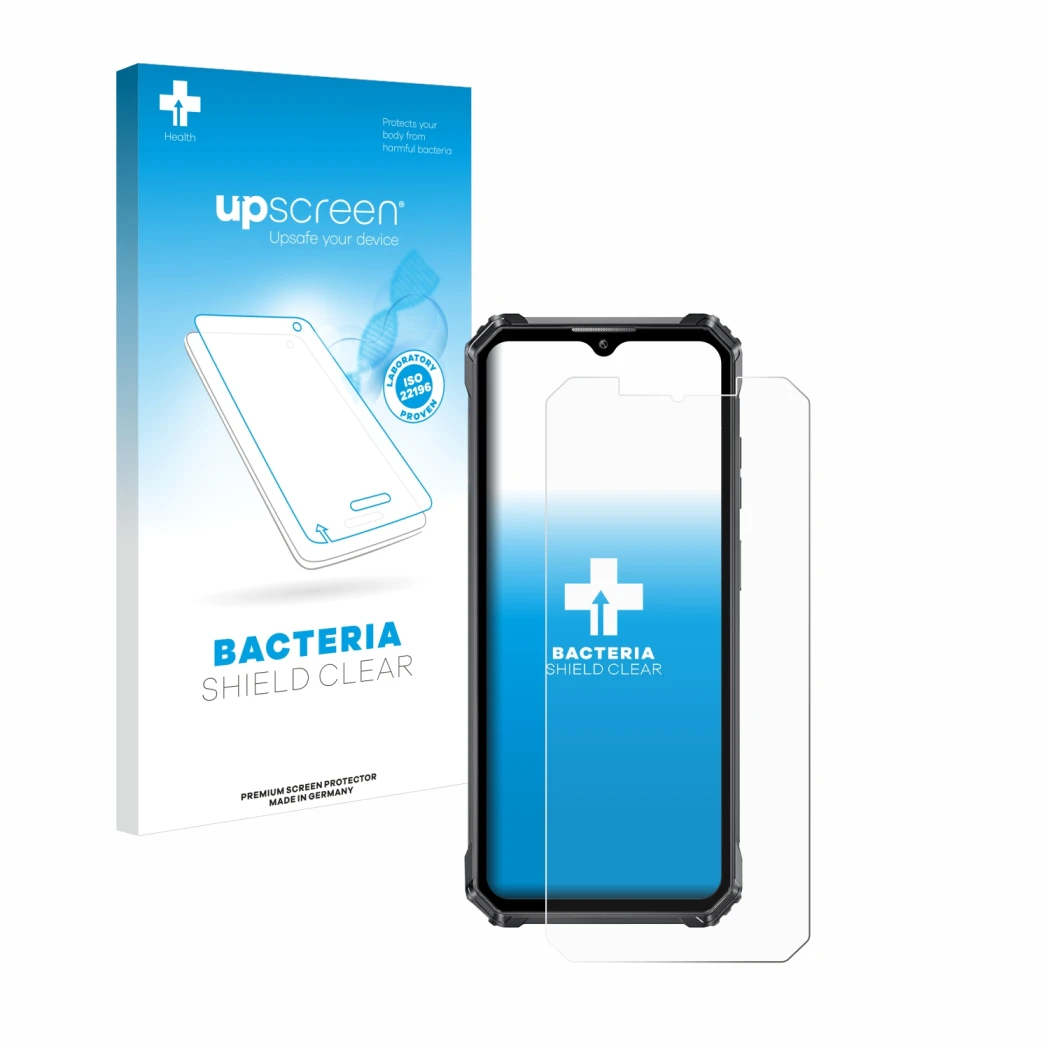 Parte frontal de un envase de producto con el logotipo de la marca upscreen. Al lado se muestra el dispositivo Oukitel WP28 co