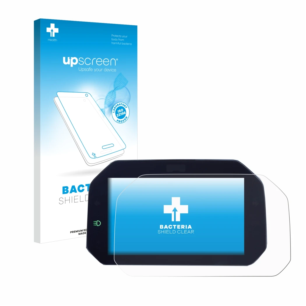 Parte frontal de un envase de producto con el logotipo de la marca upscreen. Al lado se muestra el dispositivo BMW R 1300 GS T